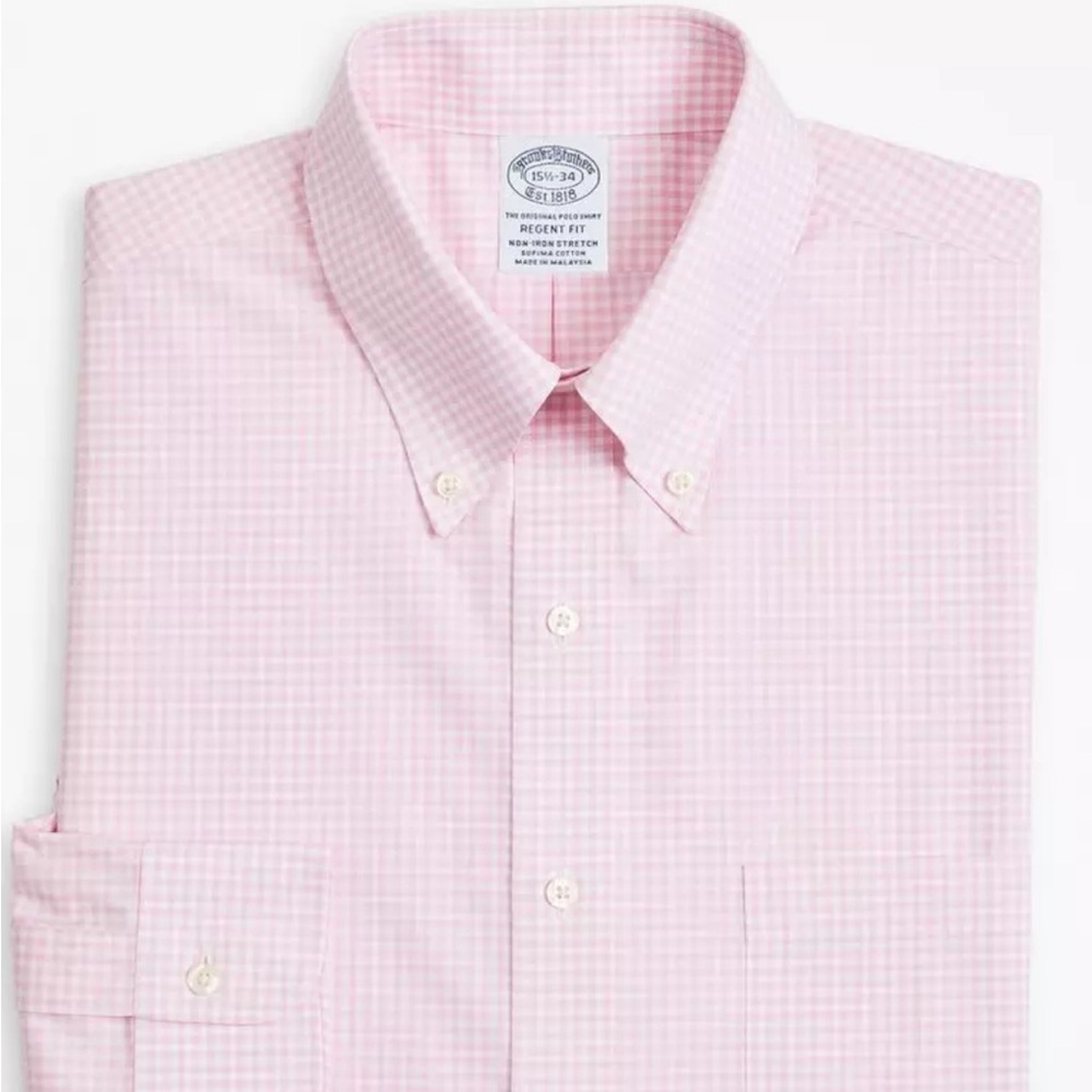 Brooks Brothers Pink Gingham Traditional Fit Poplin Button Down Collar